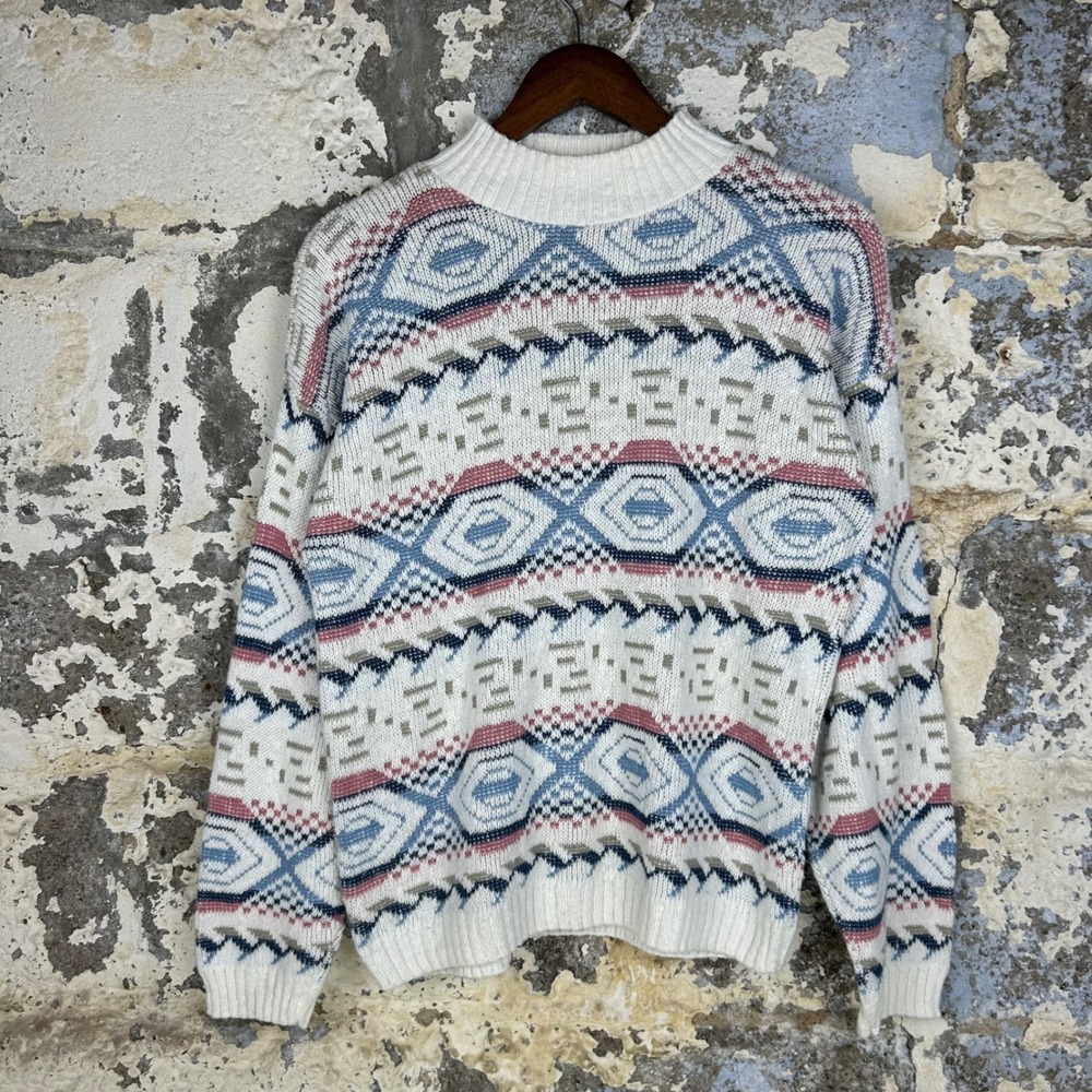 Adele Knitwear Sweater Womens L White Blue Pink Geometric Mock Neck Vintage
